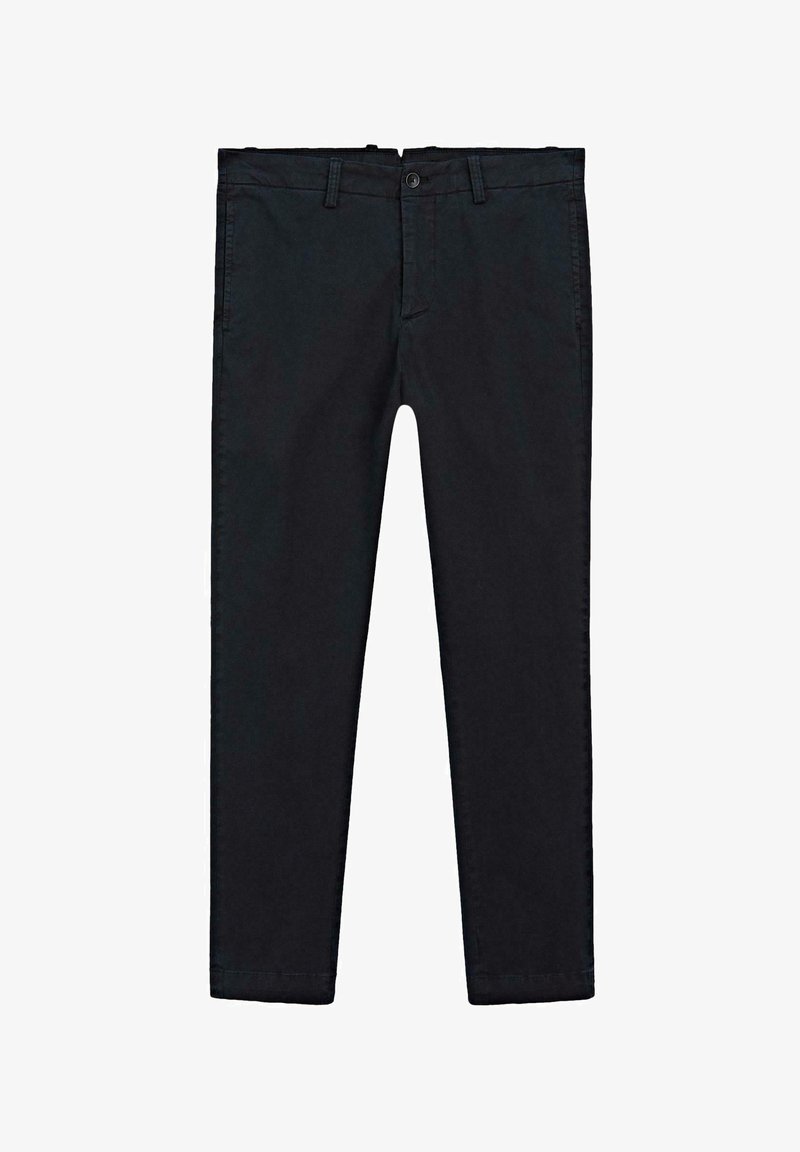 Schwarze Baumwoll-Chinos mit geradem Bein. Verfügt über einen Knopfverschluss, Fronttaschen und eine glatte Textur. Einfach und vielseitig.