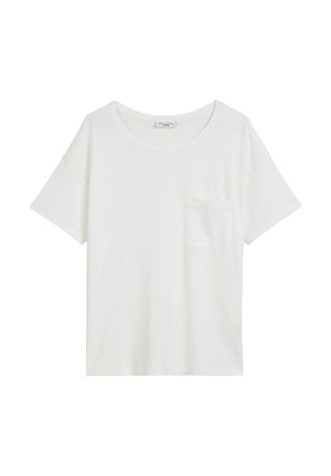 T-shirt en coton blanc avec un col rond, des manches courtes et une petite poche sur la poitrine. Texture douce et coupe décontractée avec un design minimal.