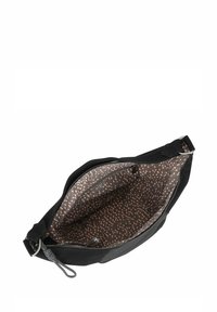 Borsa di stoffa nera con chiusura a zip e interni a fantasia con pois rosa su sfondo scuro. Include una tracolla per il trasporto.