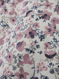 Floral fabric featuring a white background with pink, navy, and purple flowers; design includes small green leaves and various flower shapes.
