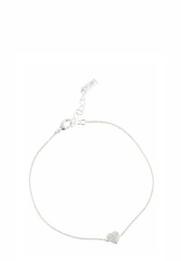 Zarter Silberarmband mit kleiner herzförmiger Anhänger, bedeckt mit klaren Kristallen, und einem Karabinerverschluss.