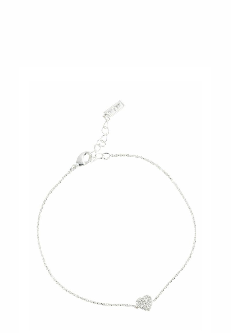Zarter Silberarmband mit kleiner herzförmiger Anhänger, bedeckt mit klaren Kristallen, und einem Karabinerverschluss.