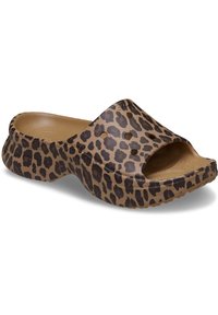 Leoprint Slipper aus weichem, flexiblem Material mit strukturiertem Sohlen und offenem Zehenbereich. Verfügt über Löcher zur Belüftung.