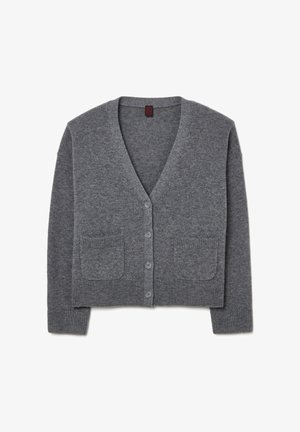 Gray wool cardigan with a v-neck, front buttons, and two patch pockets. Features ribbed cuffs and hem for added texture.
