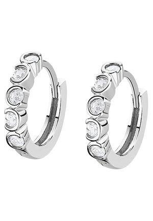 Silver hoop earrings featuring five round clear stones, set in a curved design. Polished finish with a smooth texture.