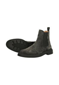 Grijze suède Chelsea boots hebben een gladde afwerking, elastische zijpanelen en zwarte rubberen zolen met een gestructureerd loopvlak.