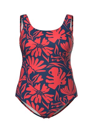 Marineblauw eendelig badpak met grote bloemen- en bladpatronen in felrood, brede schouderbanden en een ronde halslijn.