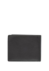 Portafoglio in pelle nera con superficie testurizzata, design bi-fold e dettagli di cucitura a contrasto. Forma compatta con bordi arrotondati.