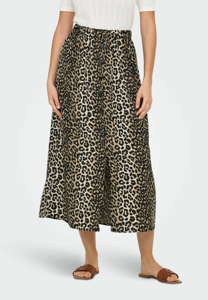 Leopardmønstret midi-nederdel i beige og sort, med elastisk talje og knapdetalje, lavet af et letvægtsstof.