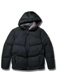 Veste matelassée noire avec capuche, dotée d'une fermeture éclair, de poches latérales, d'une doublure grise contrastée et d'un logo de marque circulaire sur la manche.