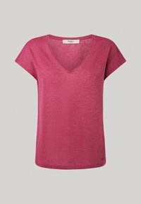 T-shirt a maniche corte, con scollo a V, di un vivace colore rosa, presenta un tessuto morbido e testurizzato e una vestibilità rilassata con orlo curvo.