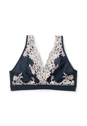 Donkerblauwe bh met een diepe V-hals, voorzien van ingewikkeld beige bloemenkant en zachte mesh stof. Biedt een naadloos, ondersteunend ontwerp.