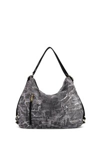 Borsa hobo con un tessuto grigio che presenta un dettagliato design della mappa nera. Include una tasca con zip e una tracolla nera. Texture morbida e forma curvata.