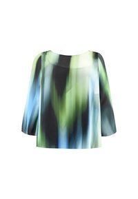 Blusa leggermente trasparente con una vestibilità ampia, caratterizzata da un motivo astratto nei toni del verde, blu e nero. Collo rotondo e maniche a tre quarti.