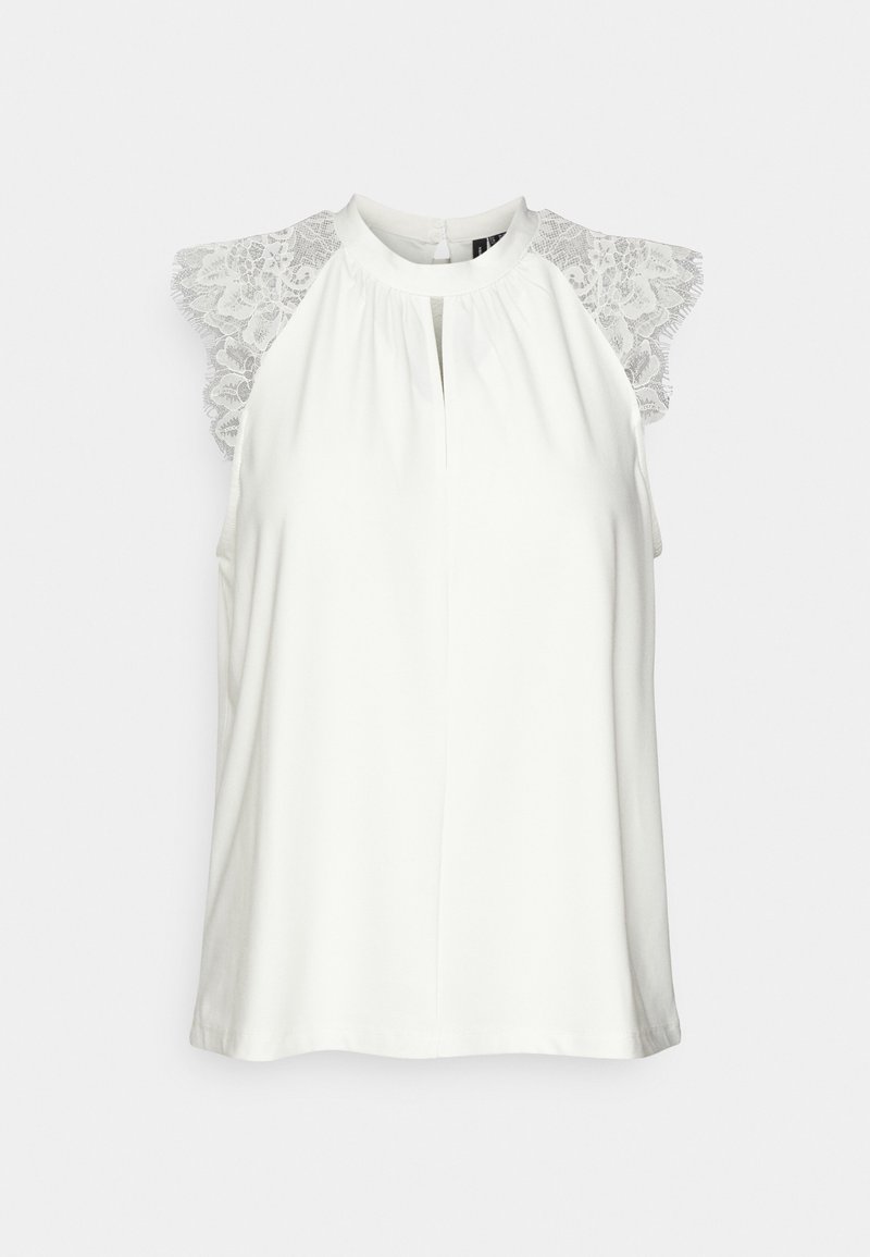 Biała bezrękawnikowa bluzka z dekoltem w kształcie dziurki oraz koronkowymi rękawami, z zapięciem z tyłu na guziki.