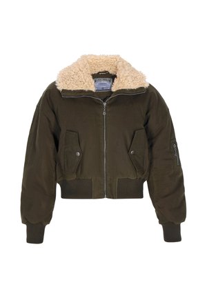 Olive green bomb jacket with a fluffy beige collar, zip front, two front pockets, ribbed cuffs, and hem, featuring a textured fabric.