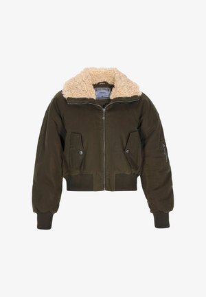 Olive green bomb jacket with a fluffy beige collar, zip front, two front pockets, ribbed cuffs, and hem, featuring a textured fabric.