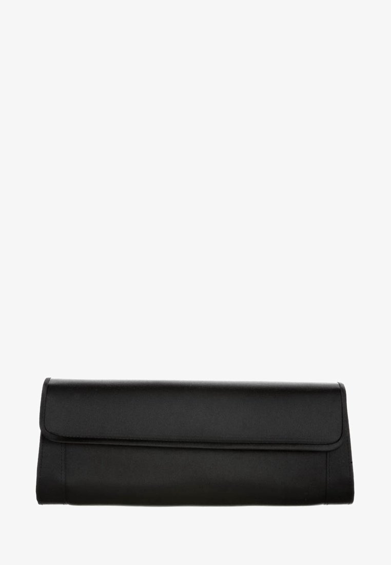 Pochette noire rectangulaire avec fermeture à rabat et finition lisse mate sur fond blanc.