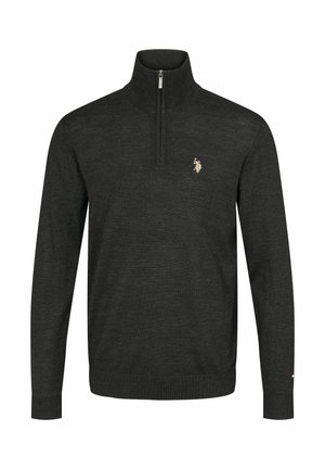 Dunkelgrauer Langarmpullover mit Viertelreißverschluss, gerippten Bündchen, Kragen und Saum, mit kleinem gesticktem Logo auf der linken Brust.