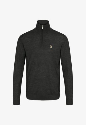 Dunkelgrauer Langarmpullover mit Viertelreißverschluss, gerippten Bündchen, Kragen und Saum, mit kleinem gesticktem Logo auf der linken Brust.