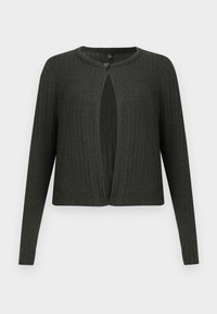 Mørk grå strikket cardigan med ribbet tekstur, lange ermer og åpen front design med en enkelt knapp lukking ved halsen.
