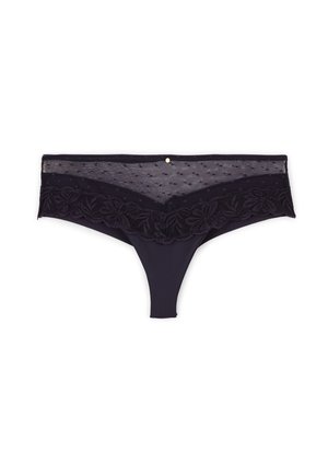 String bleu marine en dentelle florale transparente, agrémenté d'un petit détail doré. Tissu doux avec une finition lisse.