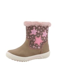 Bruine suede enkellaarzen met een roze nep bont kraag. Versierd met roze sterrenpatronen aan de zijkant en een rubberen zool.