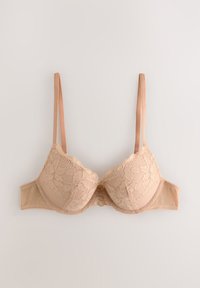 Soutien-gorge en dentelle beige avec bonnets rembourrés, motif floral, bretelles ajustables et finition lisse. Présente une forme courbée et des bords festonnés.