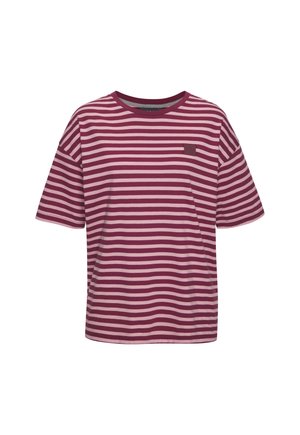 Kurzärmliges T-Shirt in kastanienbraun mit hellrosa horizontalen Streifen, versehen mit einer kleinen Brusttasche und Rundhalsausschnitt. Aus Baumwollmaterial.