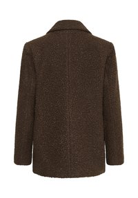 Manteau en laine brun foncé texturé avec manches longues et une simple couture dans le dos, présenté de dos sur fond blanc.