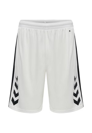 Pantaloncini sportivi bianchi con strisce nere a chevron sui lati e cintura elastica, mostrati su sfondo bianco.