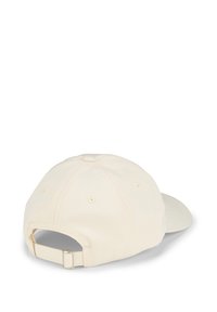 Baseballmütze aus cremefarbenem Stoff, verstellbarer Riemen an der Rückseite, gebogenes Schild, Sechskantdesign mit Belüftungsöffnungen.