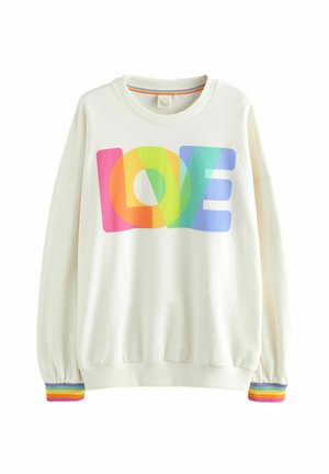 White sweatshirt with "LOVE" printed in large, colorful letters. Features ribbed cuffs with rainbow stripes. Soft cotton material.