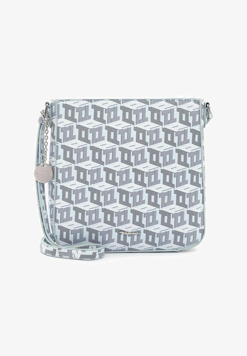 Crossbody bag featuring a geometric pattern in black and white, made of synthetic material, with a detachable strap and silver hardware.