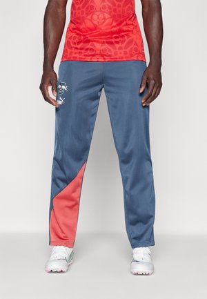 Homme portant un pantalon de survêtement Puma bleu et rouge, un haut rouge à motifs et des crampons blancs, debout devant un fond blanc.