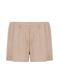 Beige shorts met een elastische tailleband, gemaakt van een zachte, lichte stof. Kenmerken zijn een eenvoudig, ontspannen ontwerp en omgeslagen randen.