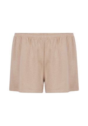 Beige shorts met een elastische tailleband, gemaakt van een zachte, lichte stof. Kenmerken zijn een eenvoudig, ontspannen ontwerp en omgeslagen randen.