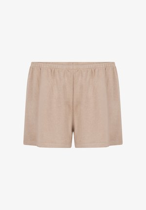 Beige shorts met een elastische tailleband, gemaakt van een zachte, lichte stof. Kenmerken zijn een eenvoudig, ontspannen ontwerp en omgeslagen randen.