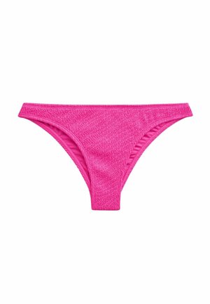 Bright pink textured bikini bottom with a low-rise cut, displayed on a white background.