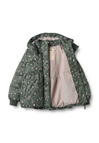 Chaqueta de plumas con estampado floral verde, capucha, puños elásticos y forro interior en gris claro. Abierta para mostrar los detalles del diseño interior.