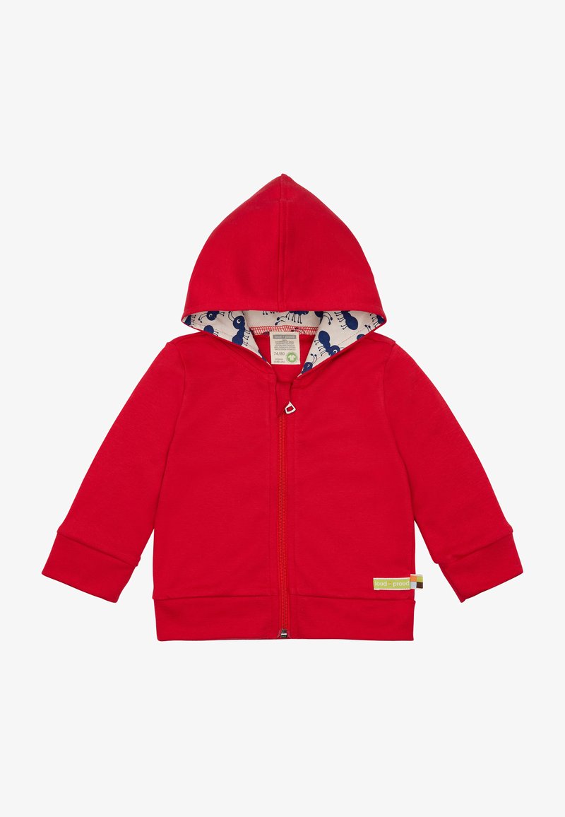 Felpa rossa con zip, dal finish testurizzato, caratterizzata da una fodera a motivi blu e bianchi, cappuccio regolabile e un'etichetta con il marchio.