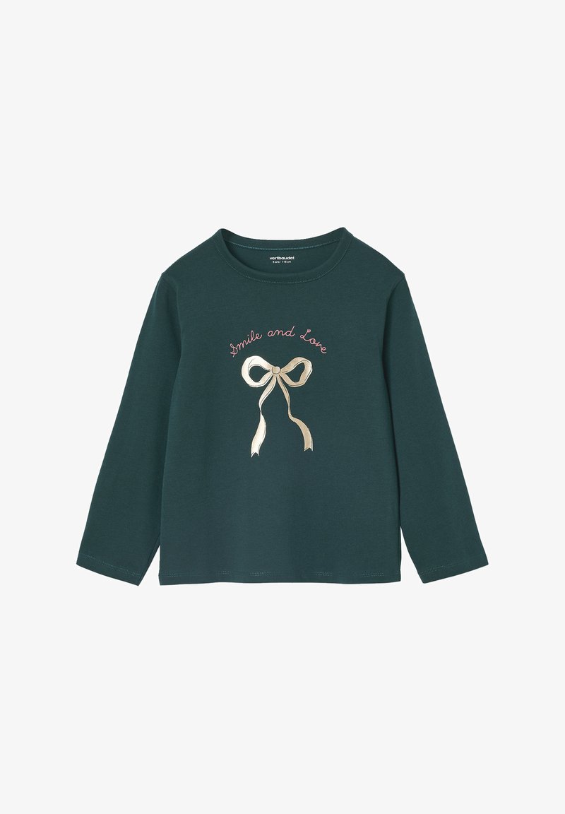 Green long-sleeve shirt made of soft fabric featuring a cream bow graphic with "Smile and Love" text in pink above the design.