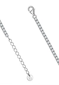 Srebrna bransoletka łańcuszkowa z małymi, przezroczystymi kamieniami osadzonymi w prostej linii, z zapięciem na karabińczyk i regulowanym łańcuszkiem.