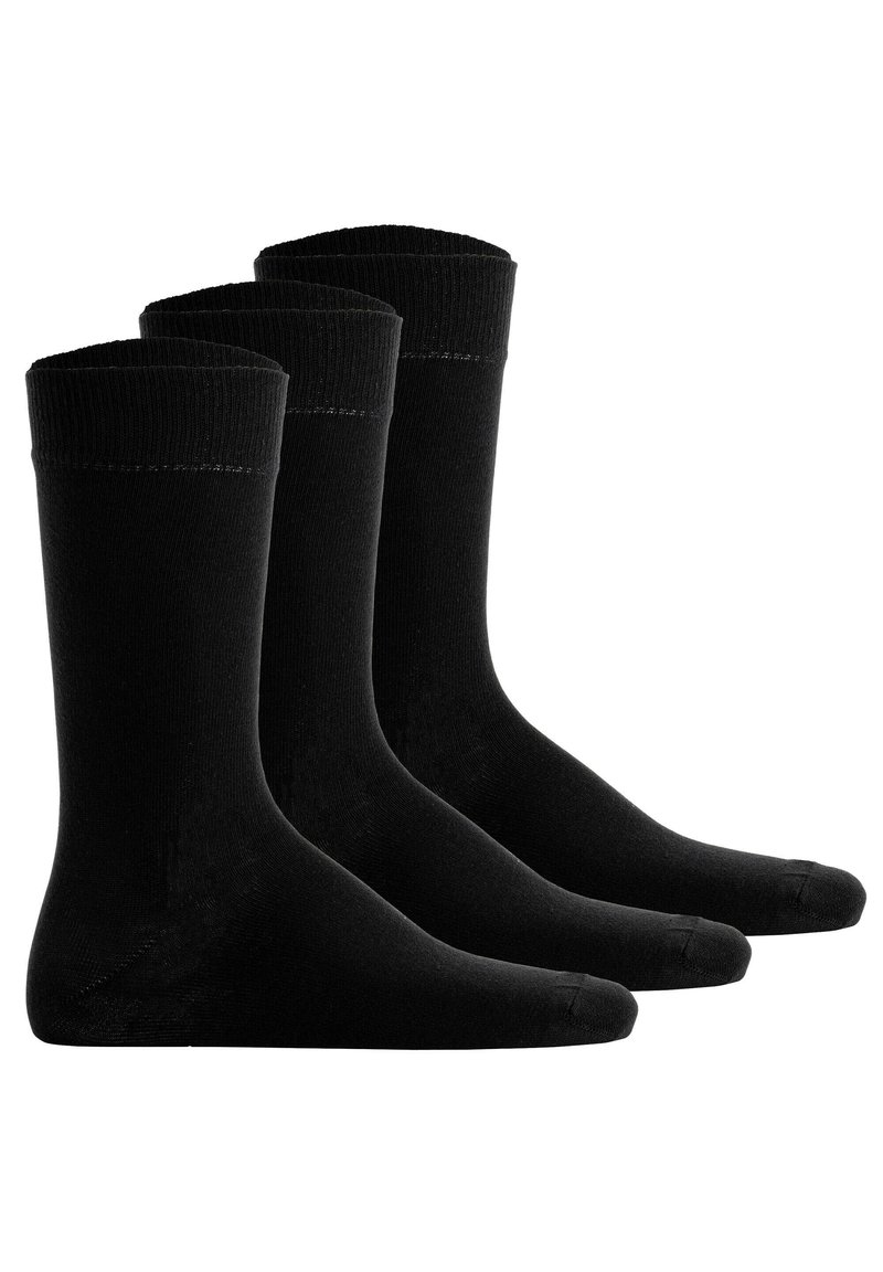 Schwarze Baumwollsocken, drei Paare, mit einer glatten Textur, gerippten Bündchen und einem Crew-Länge-Design. Verstärkter Zehen- und Fersenakzent.