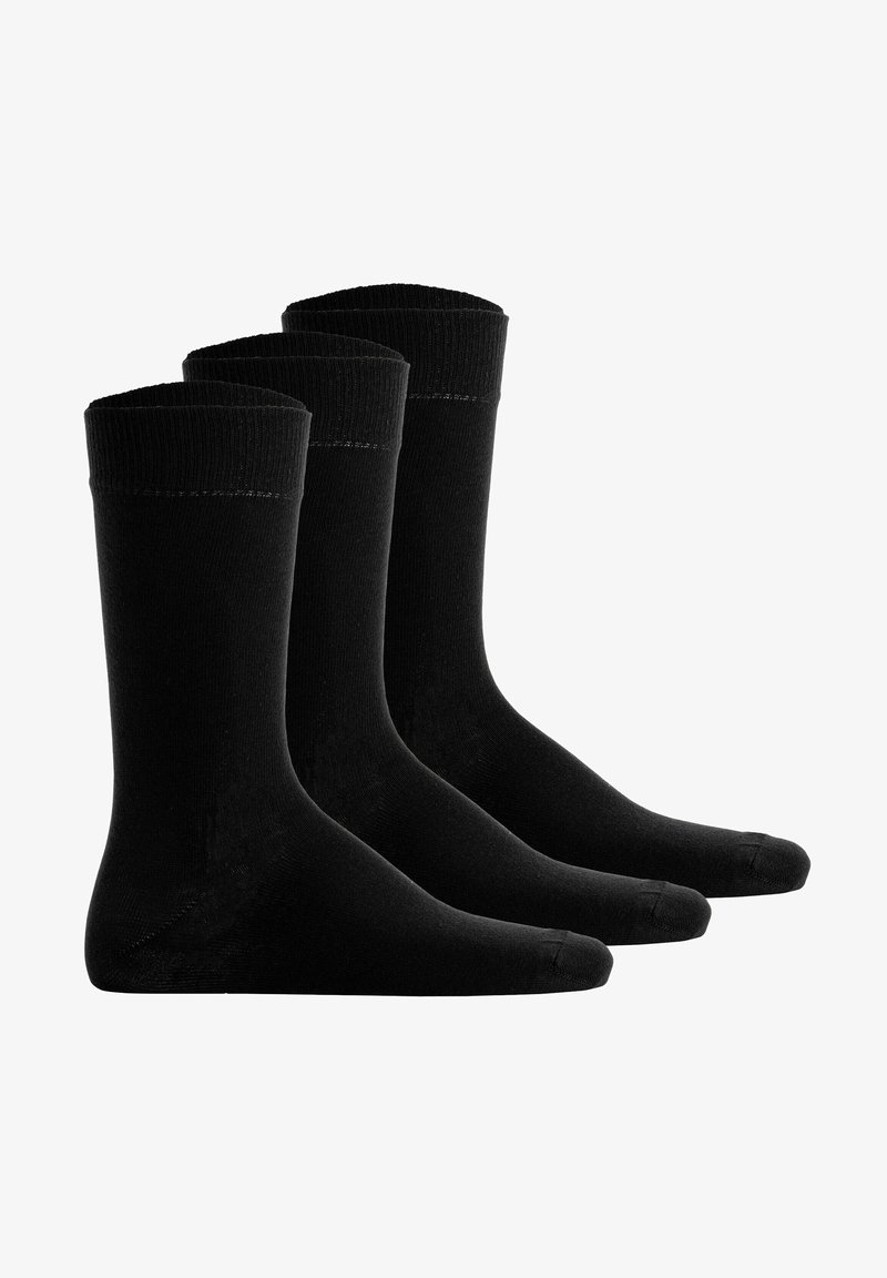 Schwarze Baumwollsocken, drei Paare, mit einer glatten Textur, gerippten Bündchen und einem Crew-Länge-Design. Verstärkter Zehen- und Fersenakzent.