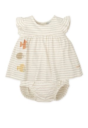 Vestido de bebé a rayas con mangas con volantes, confeccionado en una tela ligera de color crema y con ilustraciones coloridas de peces en la parte delantera.