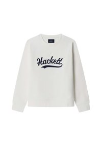Sudadera blanca con mangas largas y cuello redondo. Presenta un logo "Hackett" en azul marino en el centro. Textura suave y lisa.