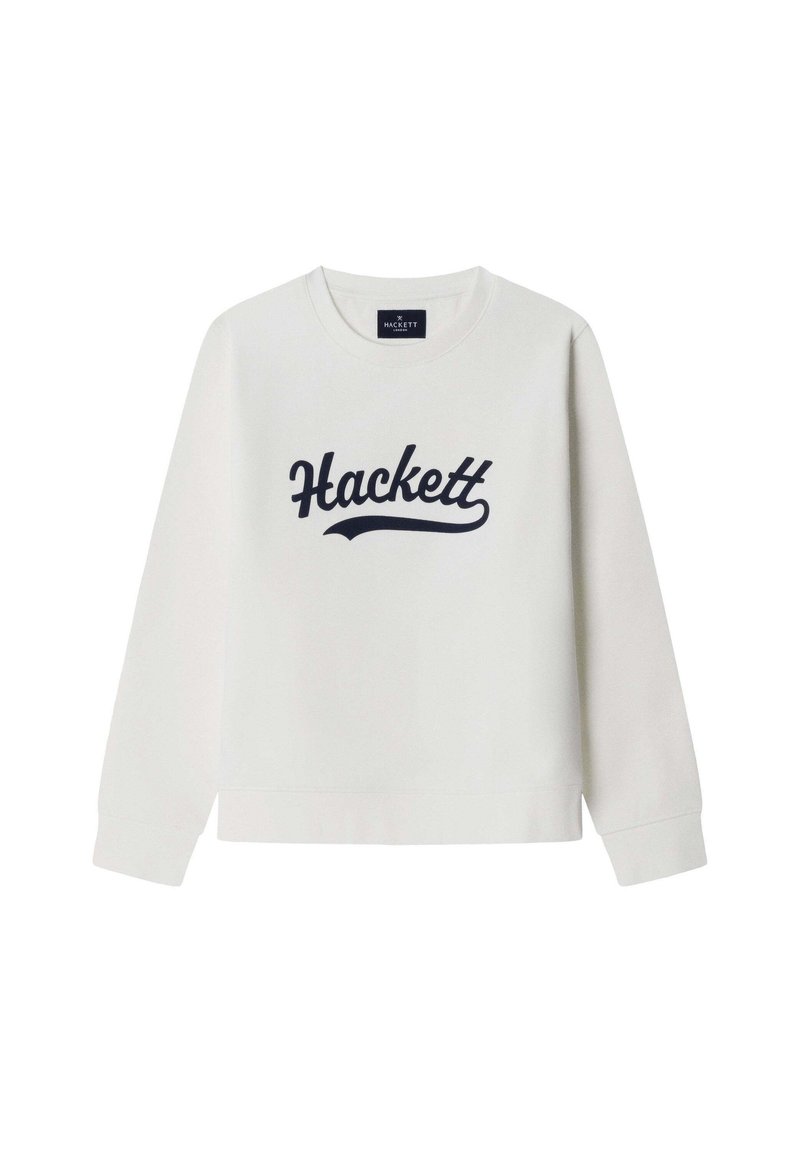 Sudadera blanca con mangas largas y cuello redondo. Presenta un logo "Hackett" en azul marino en el centro. Textura suave y lisa.