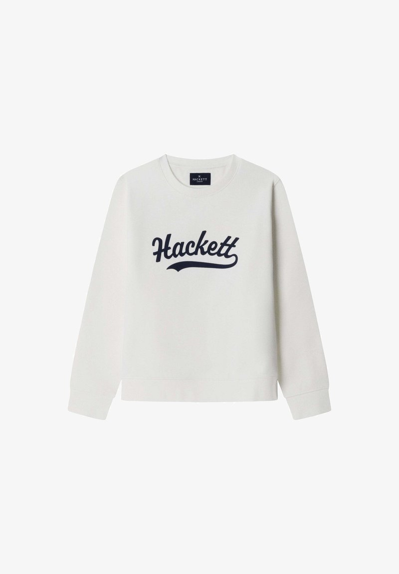 Sudadera blanca con mangas largas y cuello redondo. Presenta un logo "Hackett" en azul marino en el centro. Textura suave y lisa.