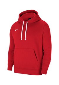 Haut à capuche rouge en tissu mélangé coton, avec une poche kangourou à l'avant, des cordons blancs et un petit logo Nike blanc sur la poitrine.